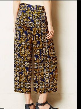 Anthropologie Cartonnier Navy & Mustard Wide-Leg Patterned Culotte Pant Size 2